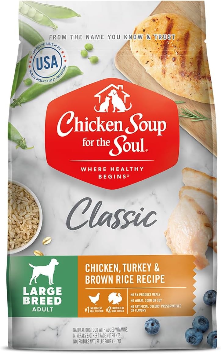 Pollo Soup For The Soul Pet Food, alimento clásico seco para perros adultos de razas grandes, pollo, pavo, arroz integral, bolsa de 28 libras, sin soja, sin maíz, sin trigo, alimento seco para perros hecho con ingredientes reales