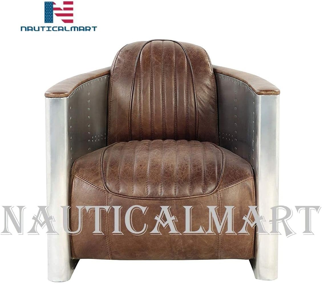 Sofá NauticalMart Aviator, retro, marrón, piel, aluminio, muebles industriales de sala de estar, diseño de interiores, amplificador de hogar, decoración de oficina