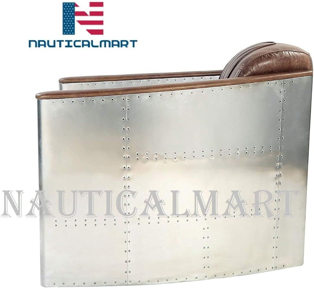 Sofá NauticalMart Aviator, retro, marrón, piel, aluminio, muebles industriales de sala de estar, diseño de interiores, amplificador de hogar, decoración de oficina