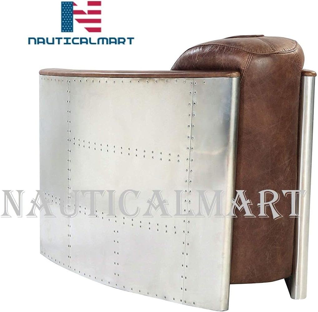 Sofá NauticalMart Aviator, retro, marrón, piel, aluminio, muebles industriales de sala de estar, diseño de interiores, amplificador de hogar, decoración de oficina