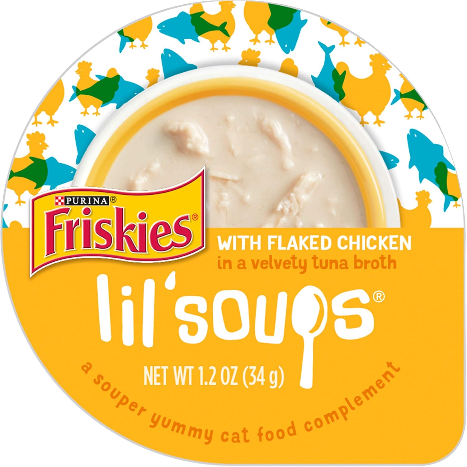 Comida húmeda para gatos Purina Friskies, natural, sin cereales, para lamerse, sopas pequeñas, pollo en hojuelas, paquete de 8, tarrinas de 1.2 oz