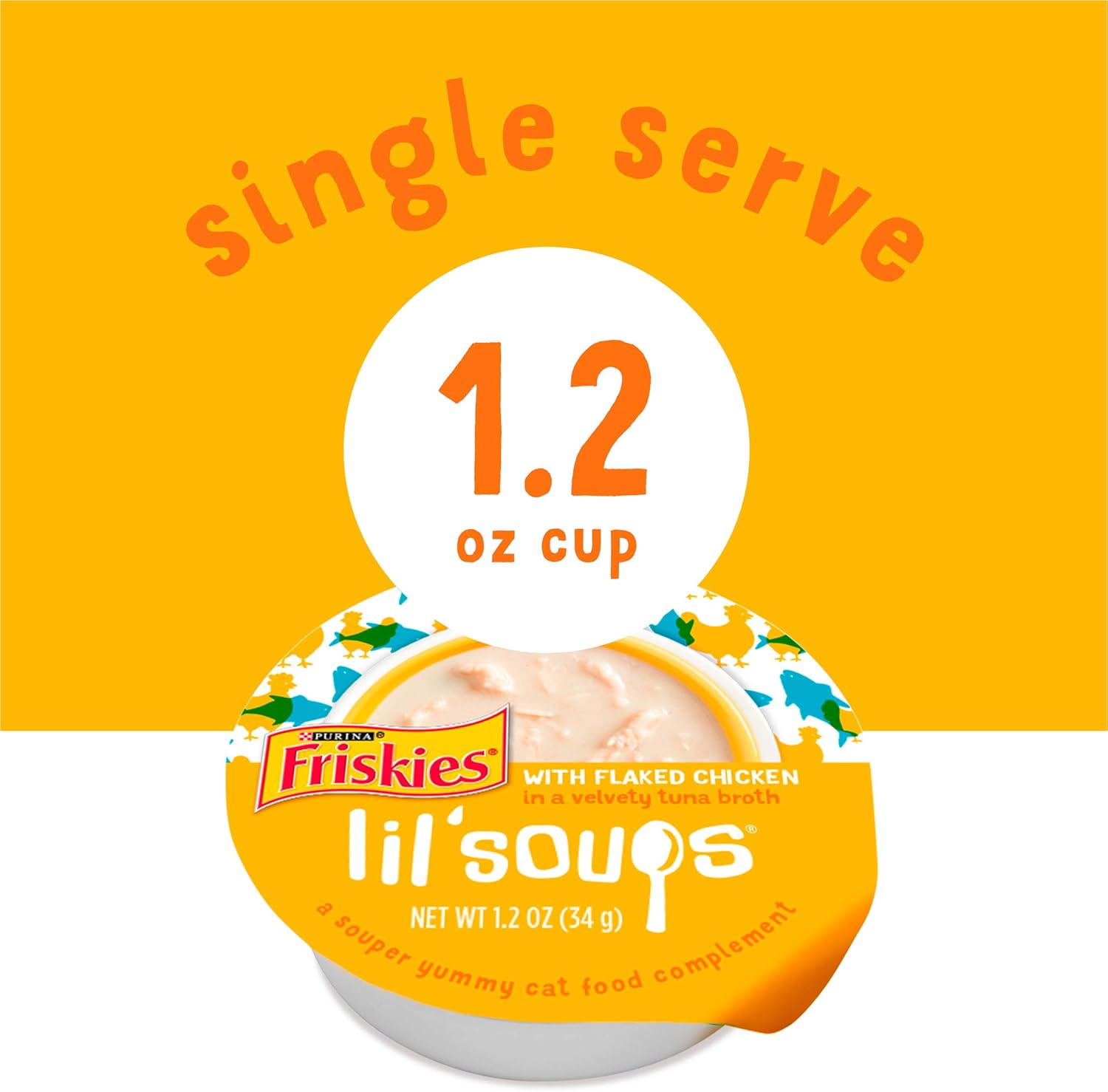 Comida húmeda para gatos Purina Friskies, natural, sin cereales, para lamerse, sopas pequeñas, pollo en hojuelas, paquete de 8, tarrinas de 1.2 oz