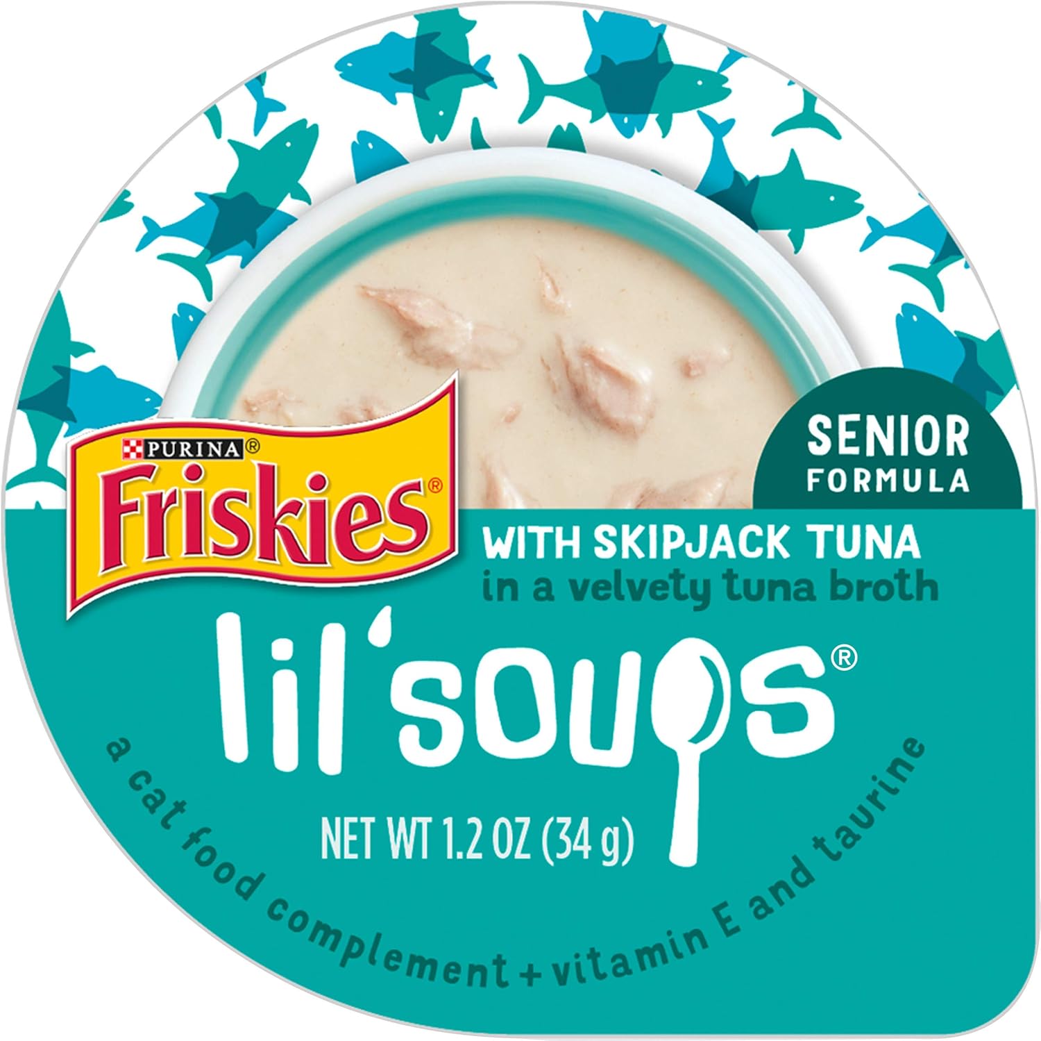 Purina Friskies, caldo natural para personas mayores, sin cereales, comida húmeda para gatos, que se puede lamer, golosinas para gatos, sopas pequeñas, atún salteado, paquete de 8, tarrinas de 1.2 oz
