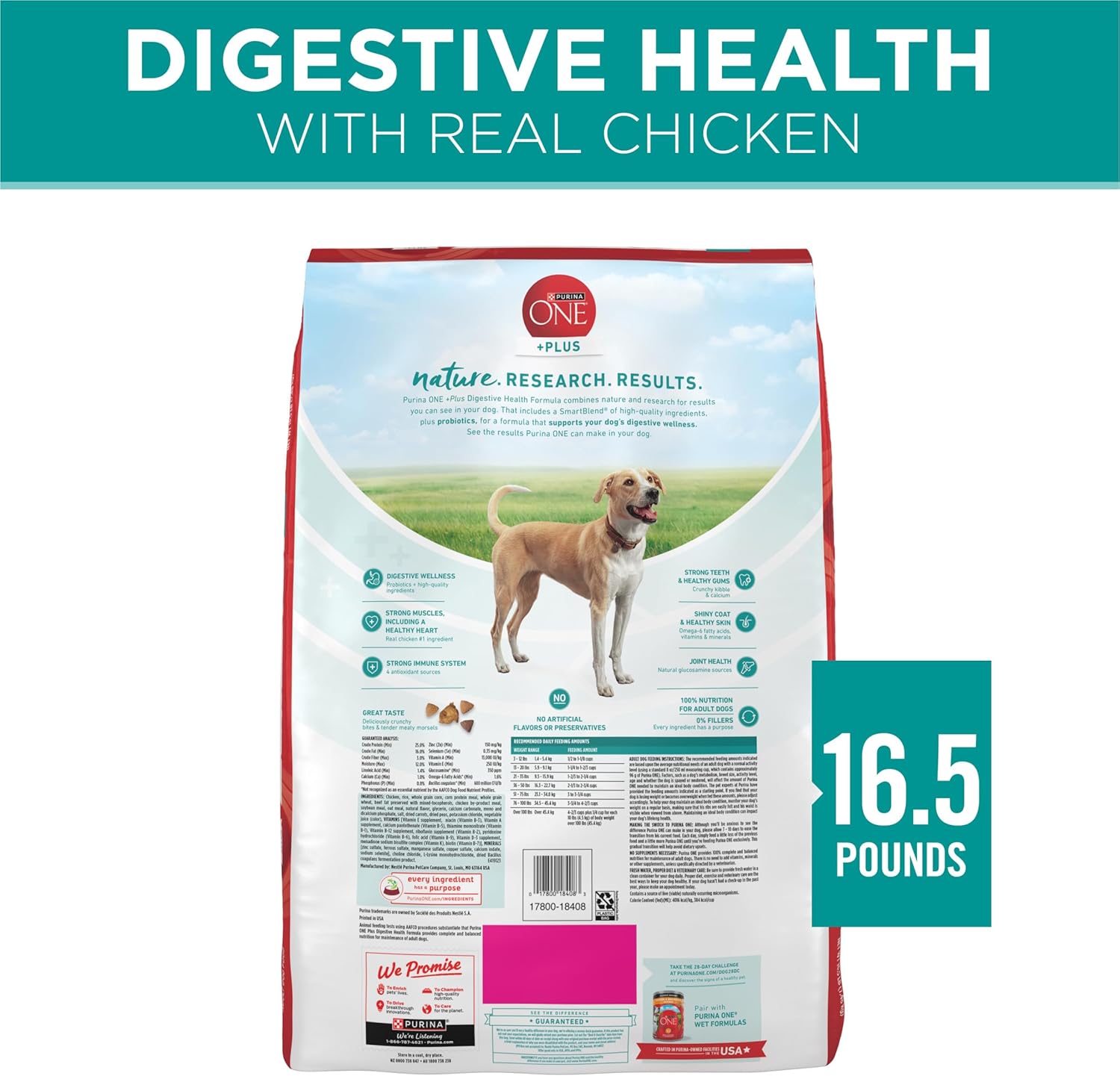 Nourriture sèche pour chiens Purina One Plus Digestive Health Formula, naturelle, avec vitamines, minéraux et nutriments ajoutés, sac de 16,5 livres