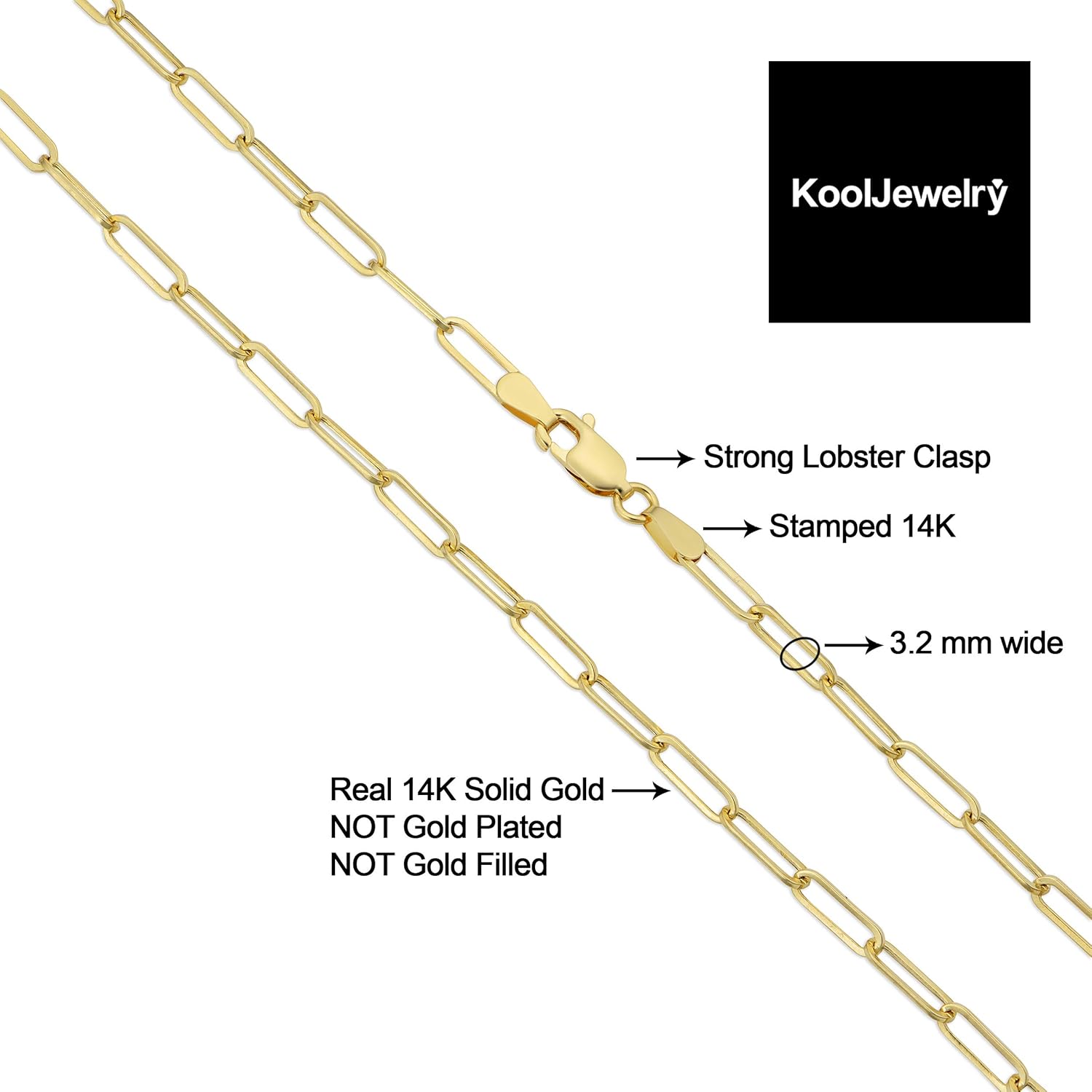 Kooljewelry 14k Yellow Gold 3.2 mm Polished Capsule Paperclip Chain Necklace (18, 20, 24, 30 or 36 inch) · v4