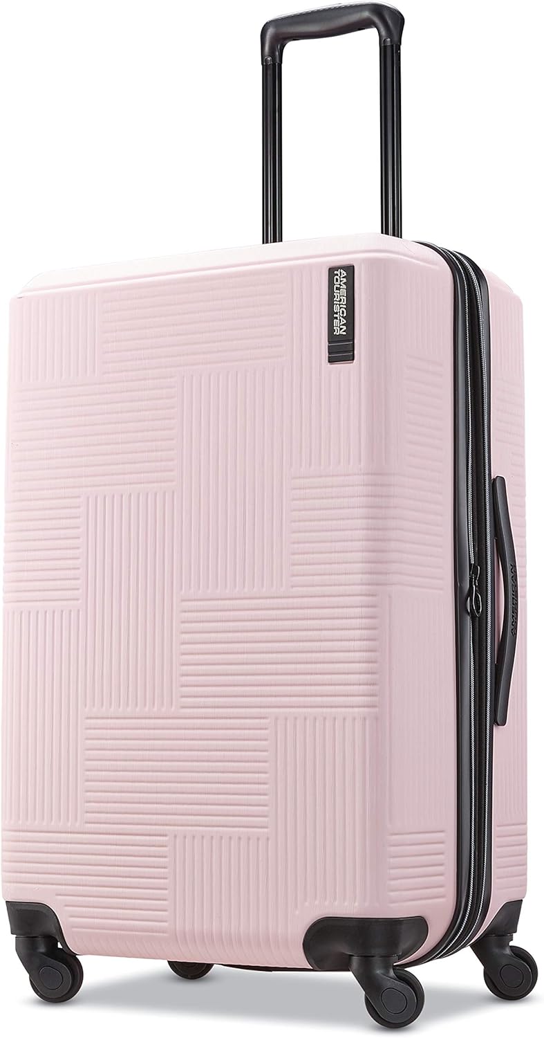 Bagaglio rigido espandibile American Tourister Stratum XLT con ruote girevoli, rosa cipria, taglia media a quadretti da 24 pollici