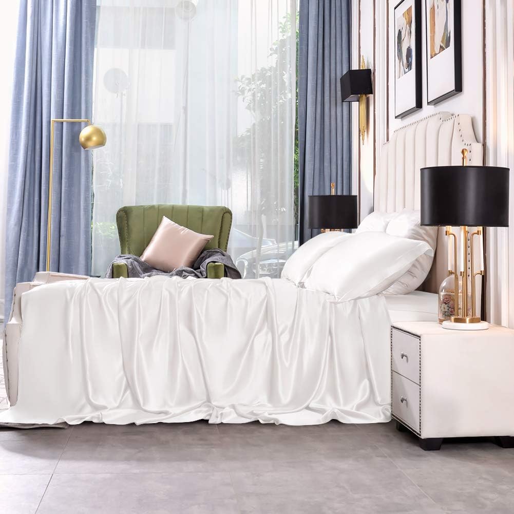 Lenzuolo da letto di lusso in seta THXSILK, solo lenzuolo piatto, senza cuciture, seta di gelso da 25 momme, morbido e resistente (bianco, king size)