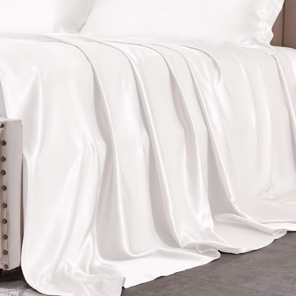 Lenzuolo da letto di lusso in seta THXSILK, solo lenzuolo piatto, senza cuciture, seta di gelso da 25 momme, morbido e resistente (bianco, king size)