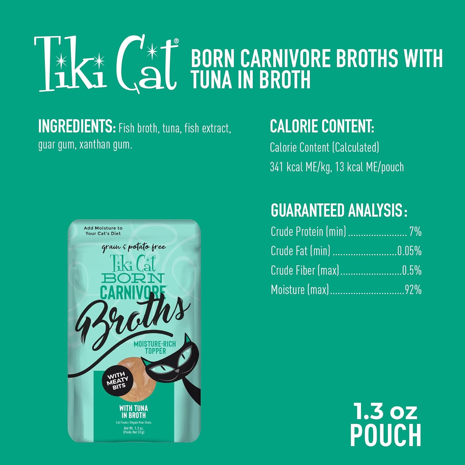 Tiki Cat Born Carnivore Broths, Tuna Recipe, Hydration and Flavor Supplement Cat Food Topper, 1.3 oz. Pouch (Pack of 12) · v2