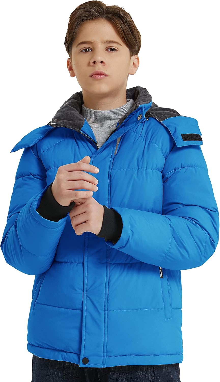 wantdo Boys Fleece Winter Coat Waterproof Puffer Jacket Warm Winter Outerwear Jackets with Hood