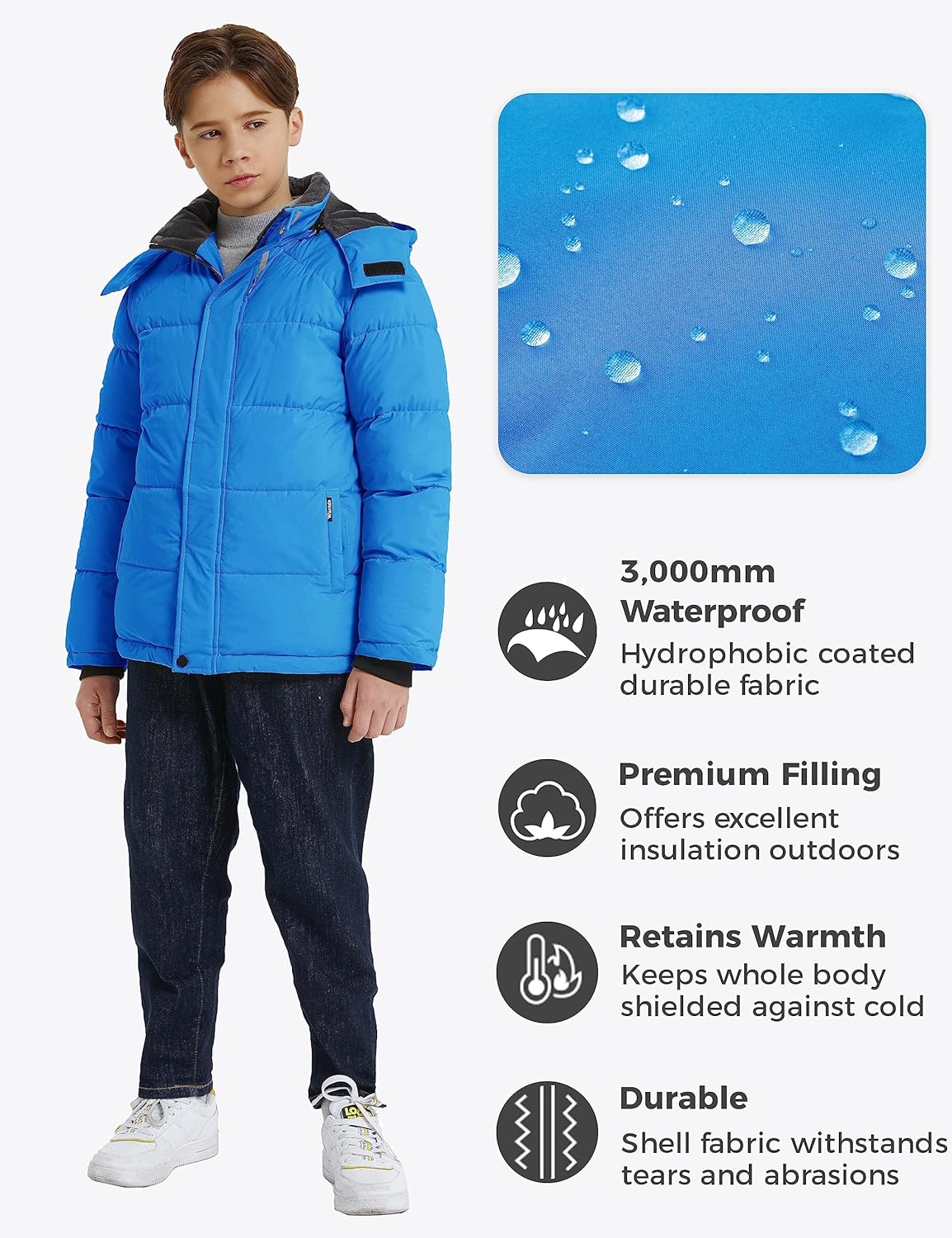 wantdo Boys Fleece Winter Coat Waterproof Puffer Jacket Warm Winter Outerwear Jackets with Hood