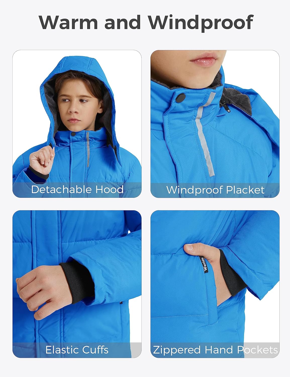 wantdo Boys Fleece Winter Coat Waterproof Puffer Jacket Warm Winter Outerwear Jackets with Hood