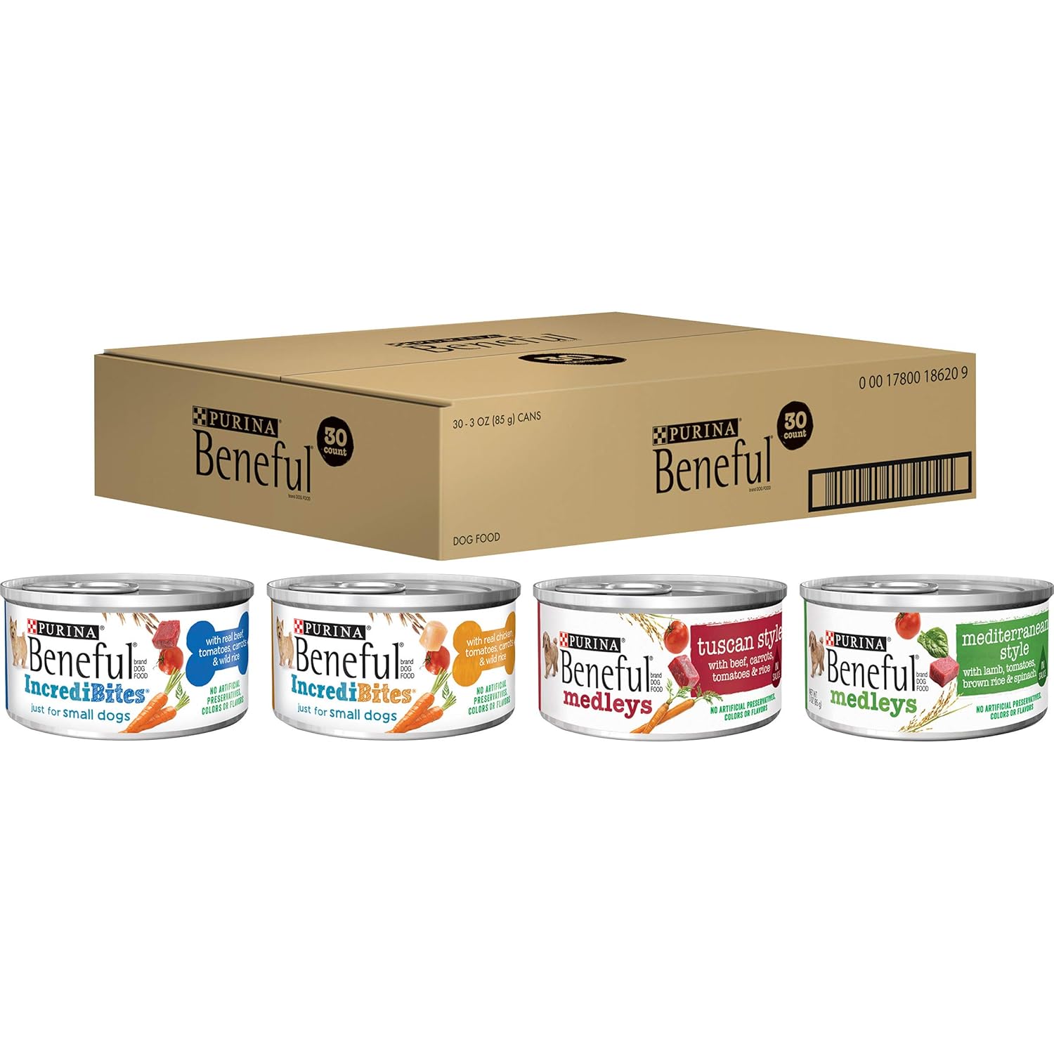 Paquete variado de comida húmeda para perros Purina Beneful, Incredibites Medleys, (30) latas de 3 onzas