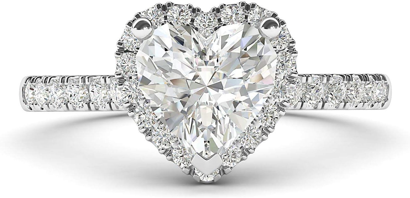 Genuine Moissanite 14k White Gold Heart-shaped Halo Engagement Ring with Side Stones Promise Bridal Ring · v2