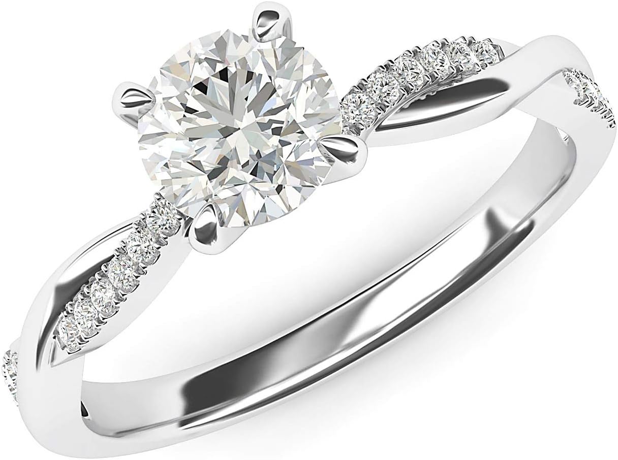 Anillo de compromiso de boda de oro blanco macizo de 14 quilates con 4 puntas en forma de vid retorcida pequeña de 1 quilate y moissanita