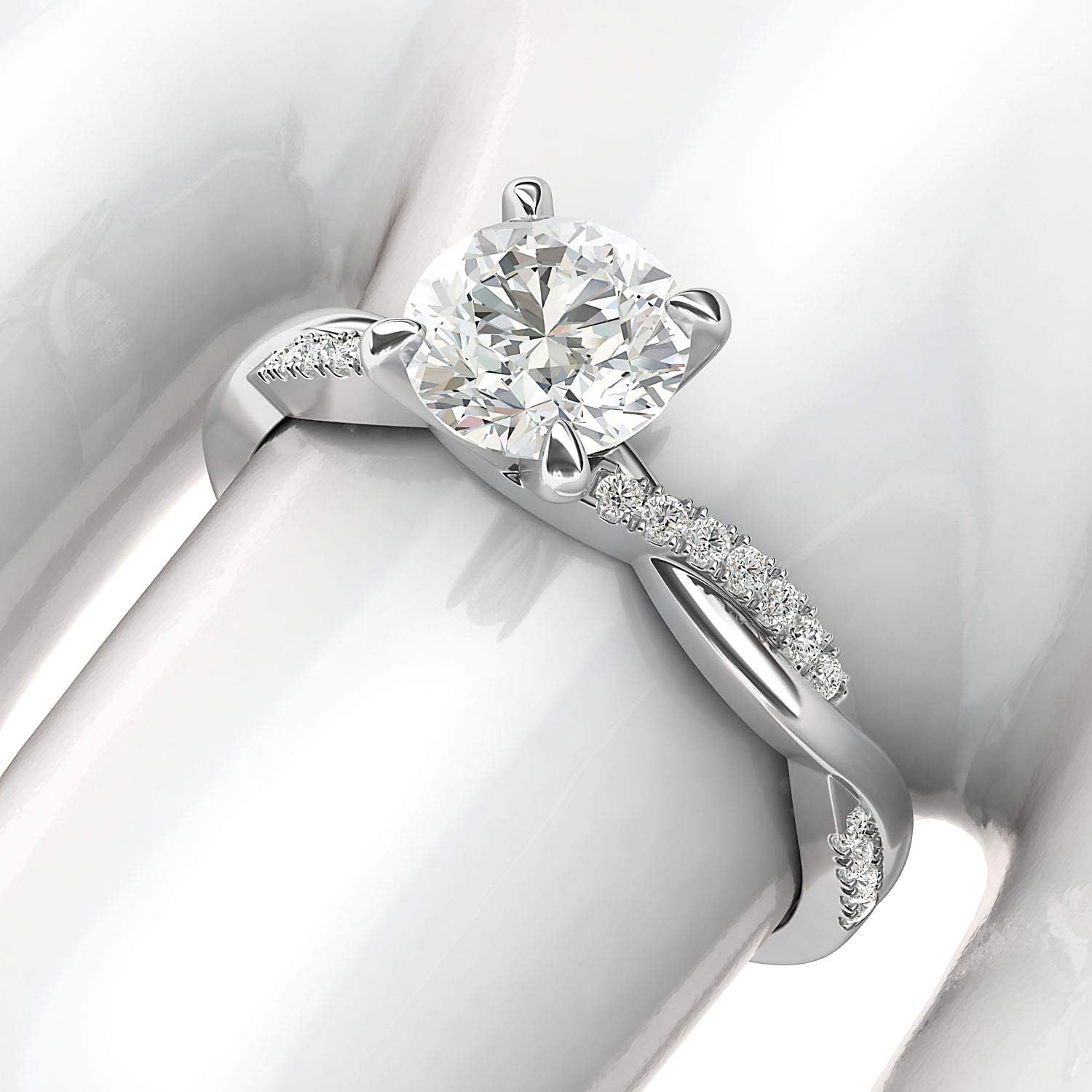 Anillo de compromiso de boda de oro blanco macizo de 14 quilates con 4 puntas en forma de vid retorcida pequeña de 1 quilate y moissanita