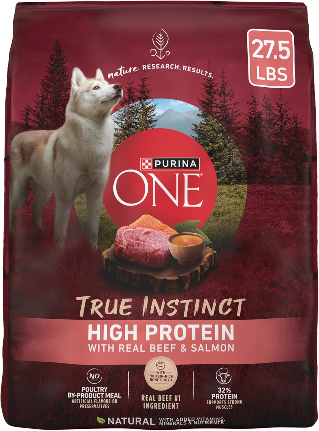 Purina ONE Natuurlijk droogvoer voor honden met een hoog eiwitgehalte Dry True Instinct met echt rundvlees en zalm met bottenbouillon en toegevoegde vitamines, mineralen en voedingsstoffen - zak van 27,5 pond