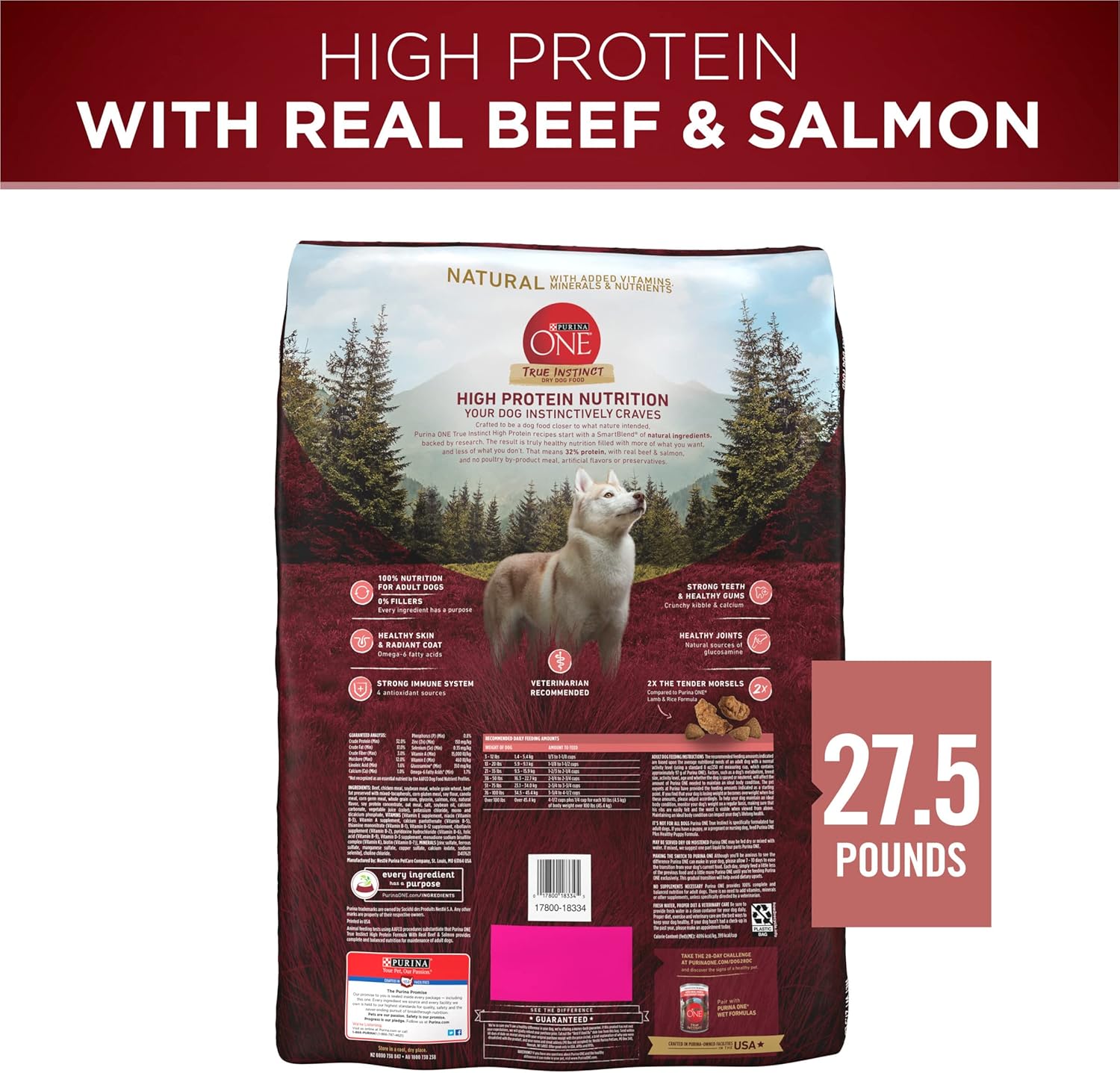Purina ONE Natuurlijk droogvoer voor honden met een hoog eiwitgehalte Dry True Instinct met echt rundvlees en zalm met bottenbouillon en toegevoegde vitamines, mineralen en voedingsstoffen - zak van 27,5 pond