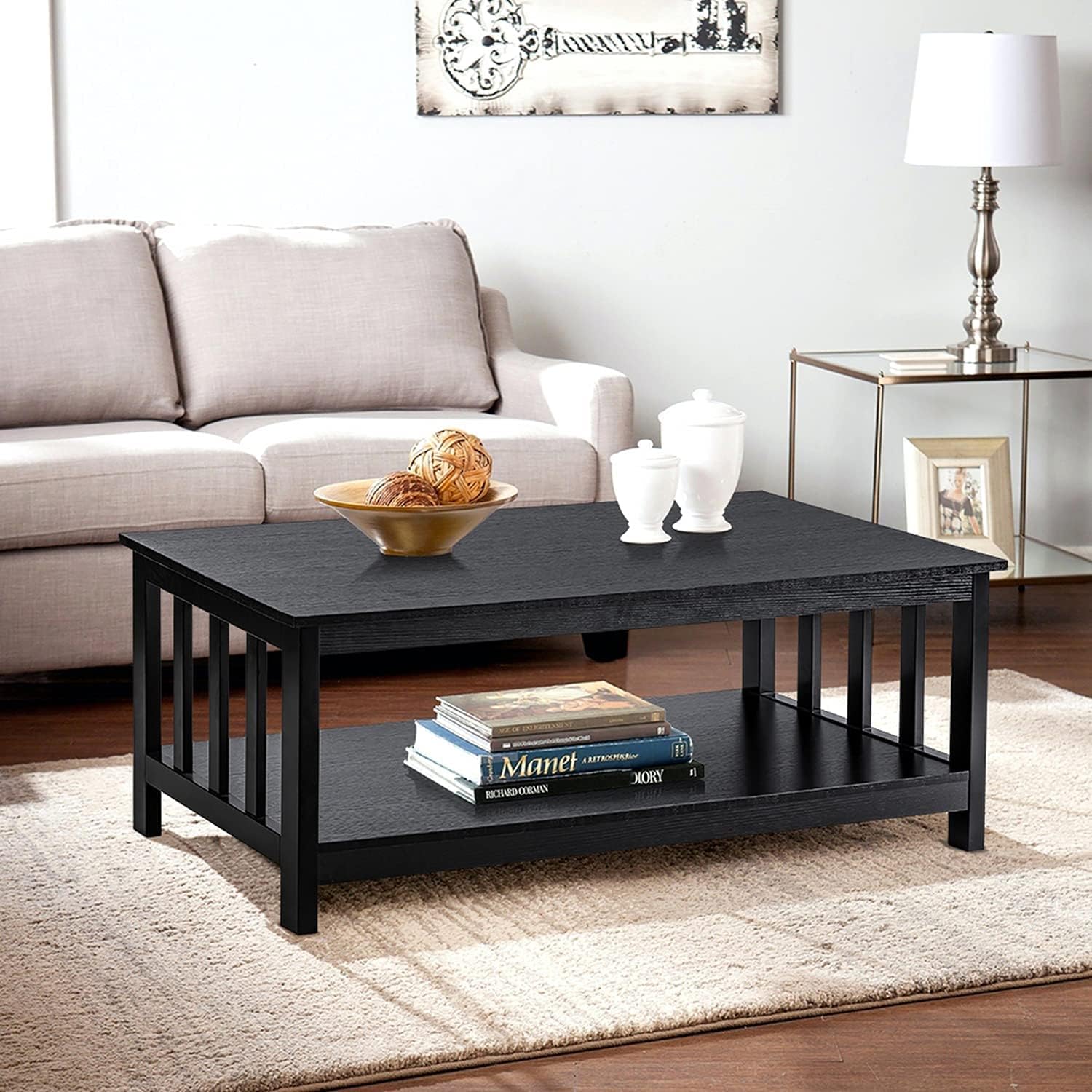 ChooChoo Mission Coffee Table, Black Wood Living Room Table with Shelf, 40 Black · v2