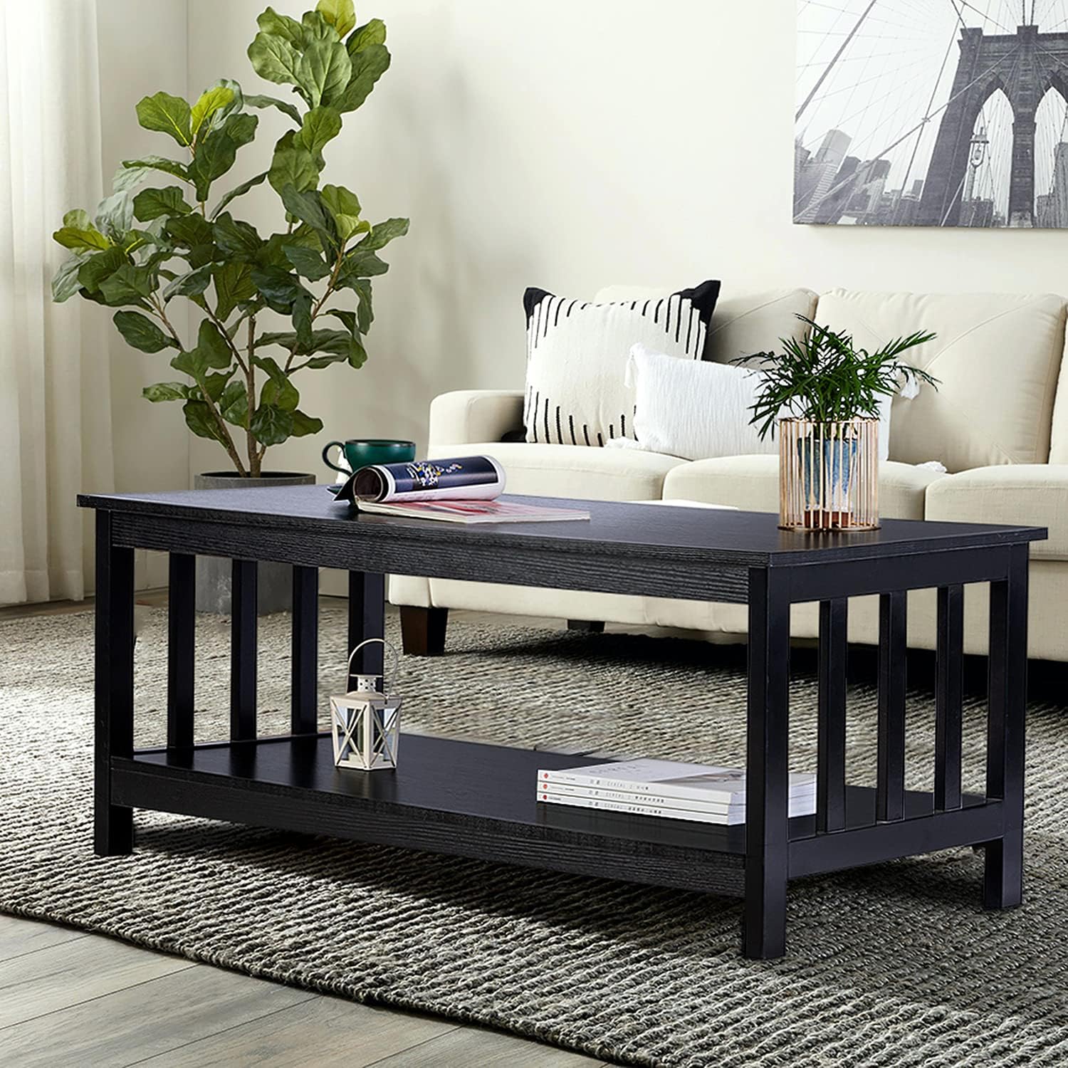 ChooChoo Mission Coffee Table, Black Wood Living Room Table with Shelf, 40 Black · v2