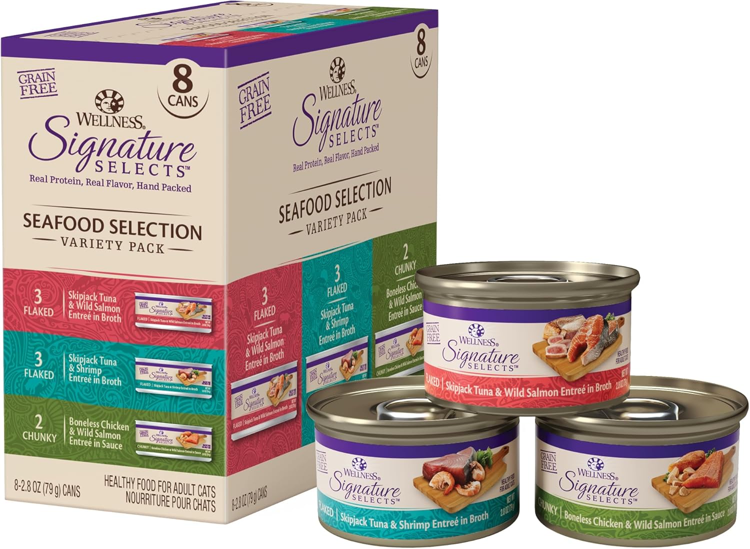 Alimento húmedo para gatos Wellness CORE Signature Selects, alimento natural para mascotas hecho con carne auténtica (paquete variado de mariscos, lata de 2.8 onzas, paquete de 8)