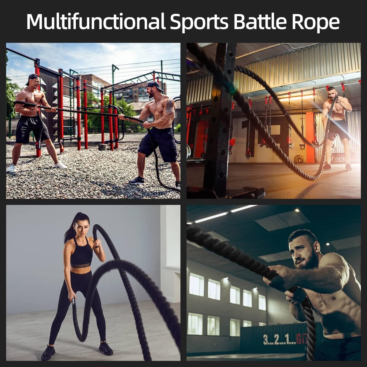 Corde de combat Outroad, corde lourde en polydacron de 1,5 m de diamètre et 30 pieds de diamètre, équipement d'entraînement pour le crossfit, la gym, les exercices de fitness à domicile, noir et motif