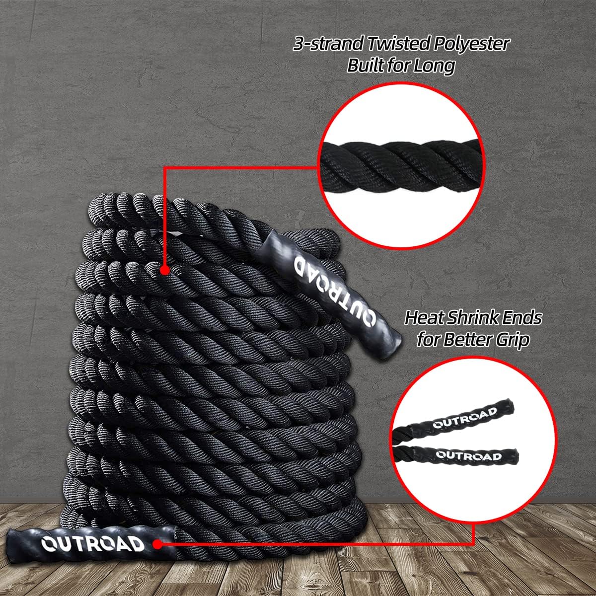 Corde de combat Outroad, corde lourde en polydacron de 1,5 m de diamètre et 30 pieds de diamètre, équipement d'entraînement pour le crossfit, la gym, les exercices de fitness à domicile, noir et motif