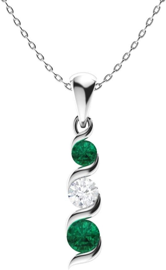 Diamondere Natural and Certified Diamond and Gemstone Three Stone Petite Necklace in 14k Solid Gold | 0.19 Carat Pendant with Chain · v2