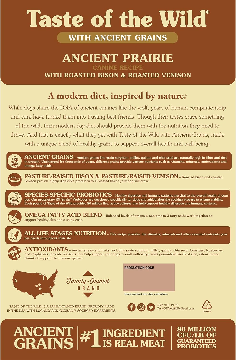 Taste of the Wild with Ancient Grains, Ancient Prairie Canine Recipe with Roasted Bison and Venison Dry Dog Food, Made with High Protein from Real Meat and Guaranteed Nutrients and Probiotics 5lb