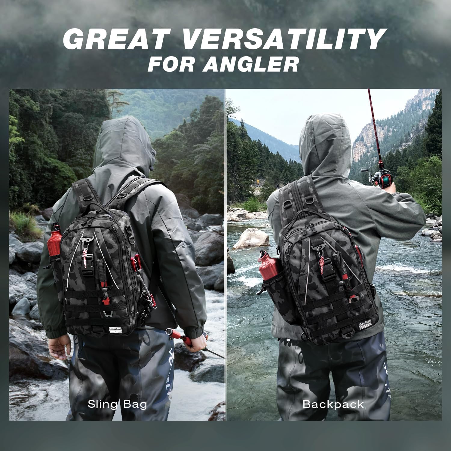 Ghosthorn Fishing Backpack Tackle Sling Bag - Fishing Backpack with Rod Holder - Tackle Box Fly Fishing Gifts for Men Women