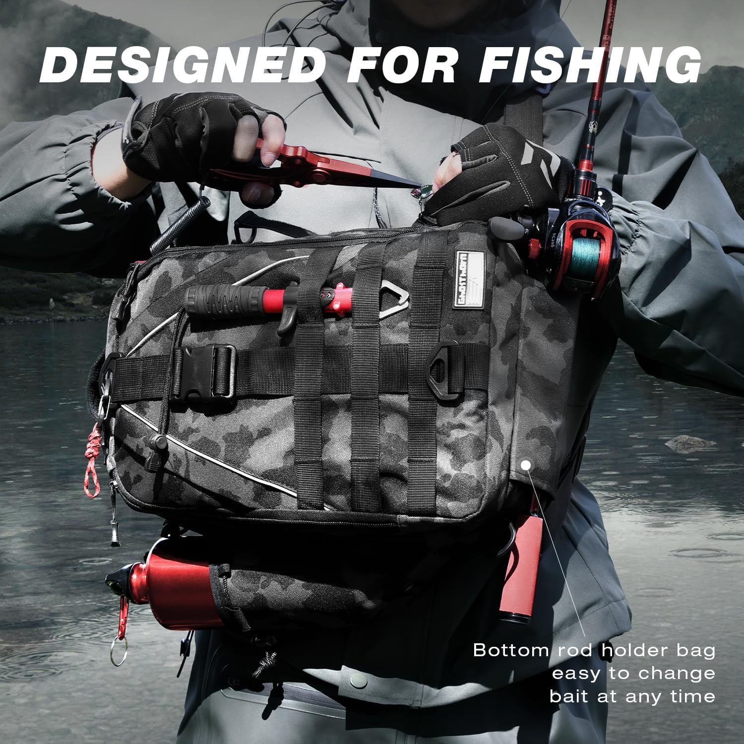 Ghosthorn Fishing Backpack Tackle Sling Bag - Fishing Backpack with Rod Holder - Tackle Box Fly Fishing Gifts for Men Women