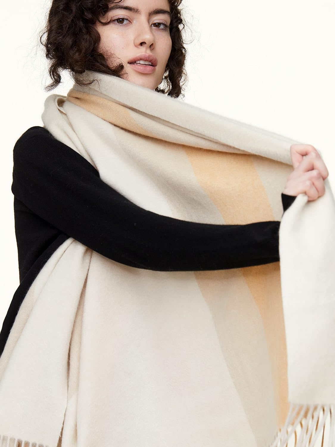 State Cashmere Multicolored Striped Home Throw Blanket with Decorative Fringe 100% Pure Cashmere Ultra Soft Accent Blanket for Couch, Sofa  Bed (Eggshell/Tan/Marigold, 70x50") · v2