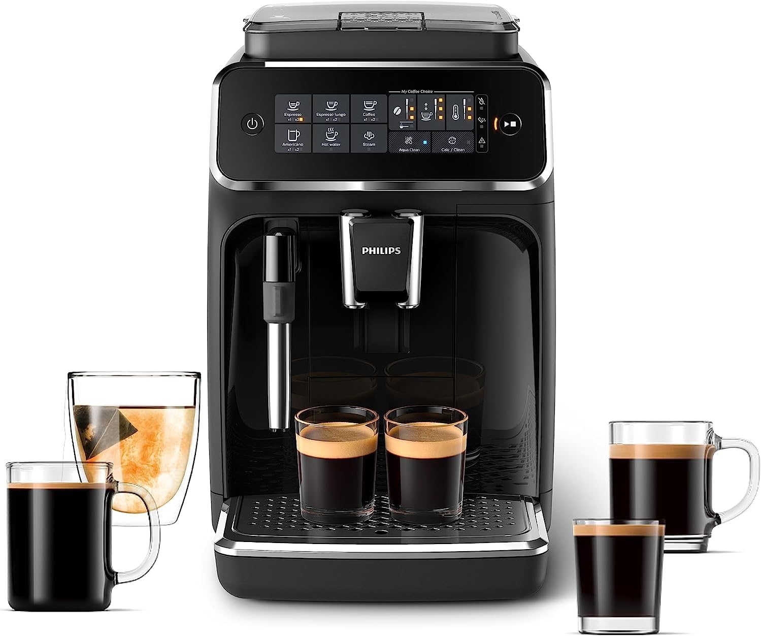 PHILIPS 3200 Series Fully Automatic Espresso Machine, Classic Milk Frother, 4 Coffee Varieties, Intuitive Touch Display, 100% Ceramic Grinder, AquaClean Filter, Aroma Seal, Black (EP3221/44) · v2