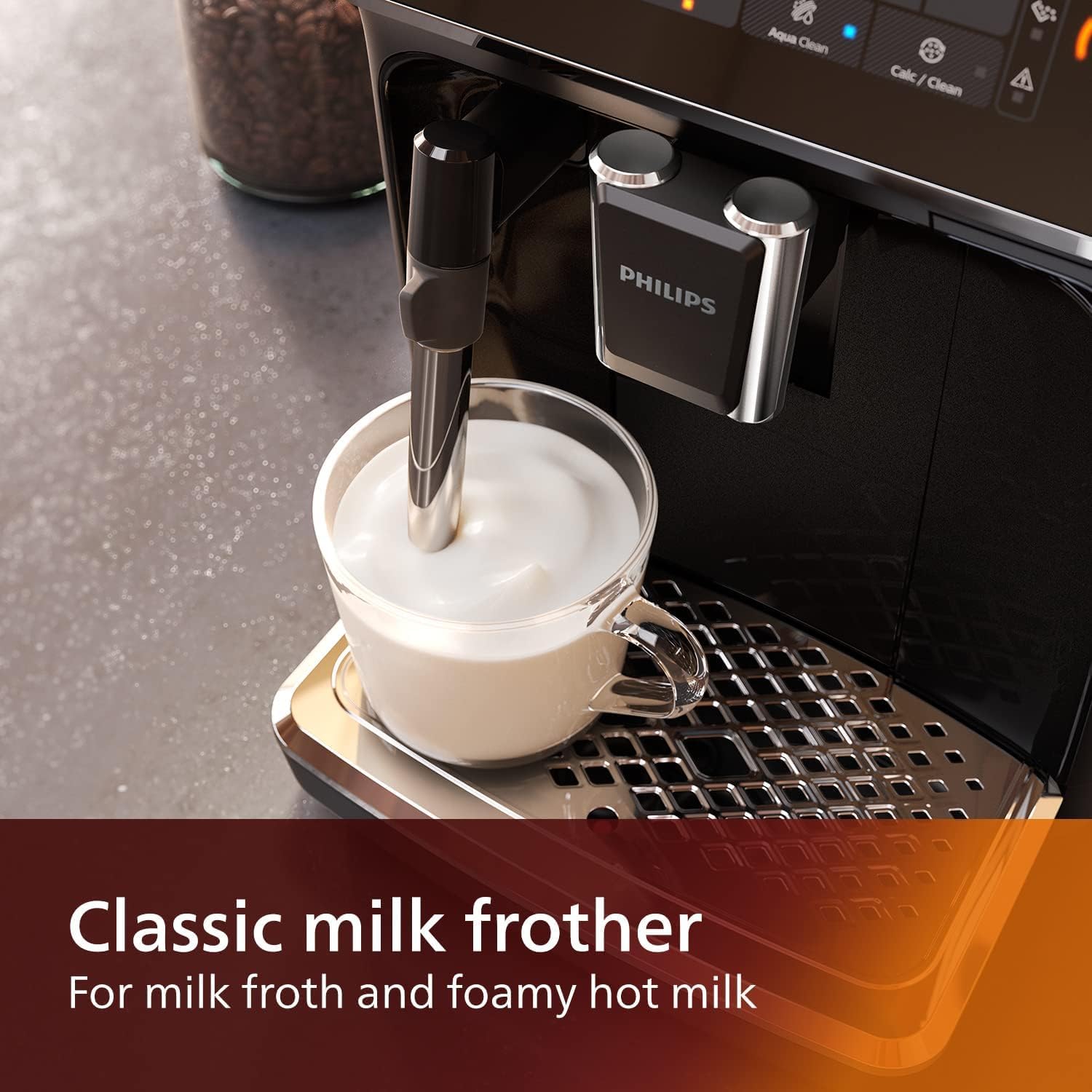 PHILIPS 3200 Series Fully Automatic Espresso Machine, Classic Milk Frother, 4 Coffee Varieties, Intuitive Touch Display, 100% Ceramic Grinder, AquaClean Filter, Aroma Seal, Black (EP3221/44) · v2