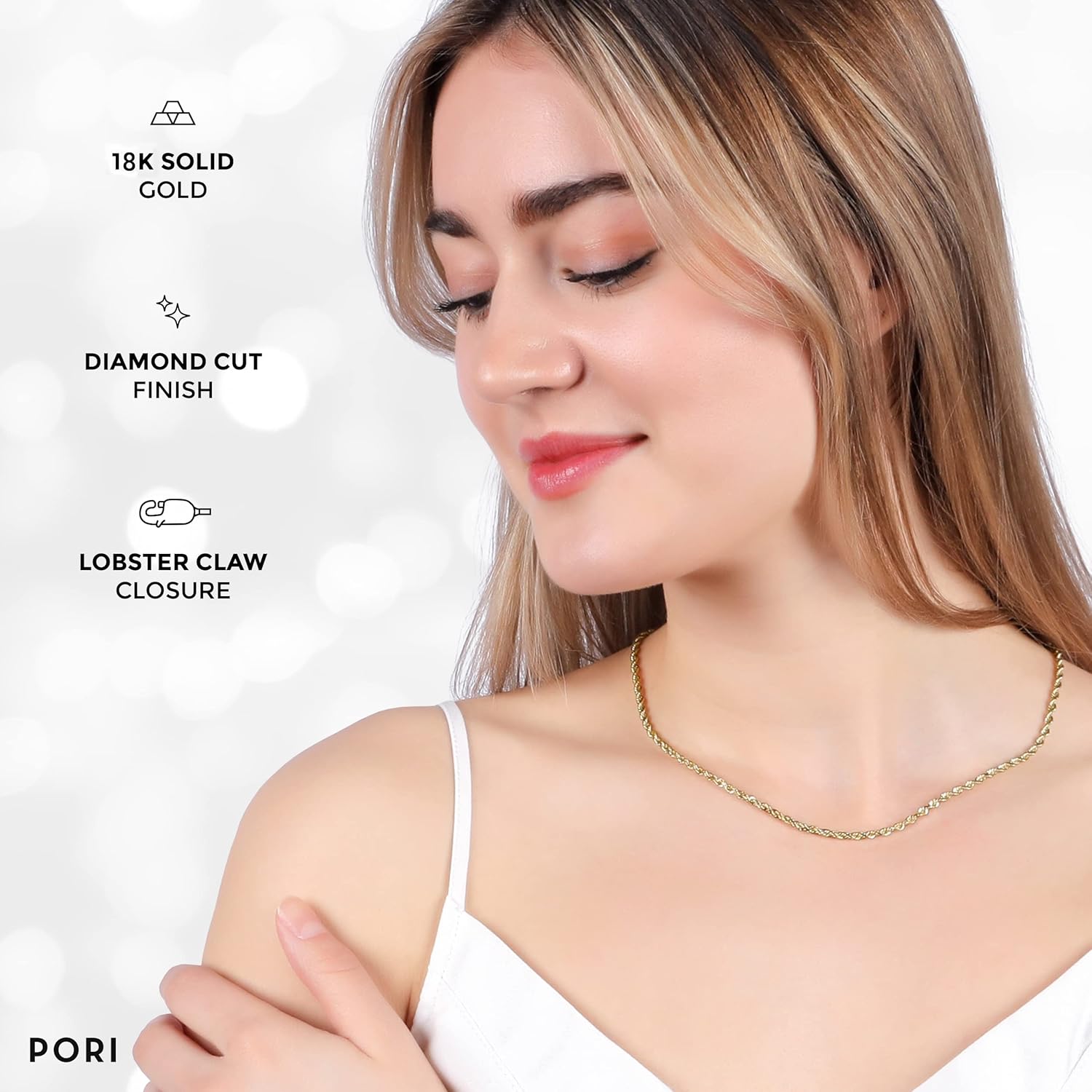 PORI JEWELERS 18 K Gelbgold 1,5 MM, 1,8 MM, 2 MM, 2,5 MM, 3 MM, 4 MM oder 5 MM Seilkette im Diamantschliff, Unisex-Größen 16—30 Zoll