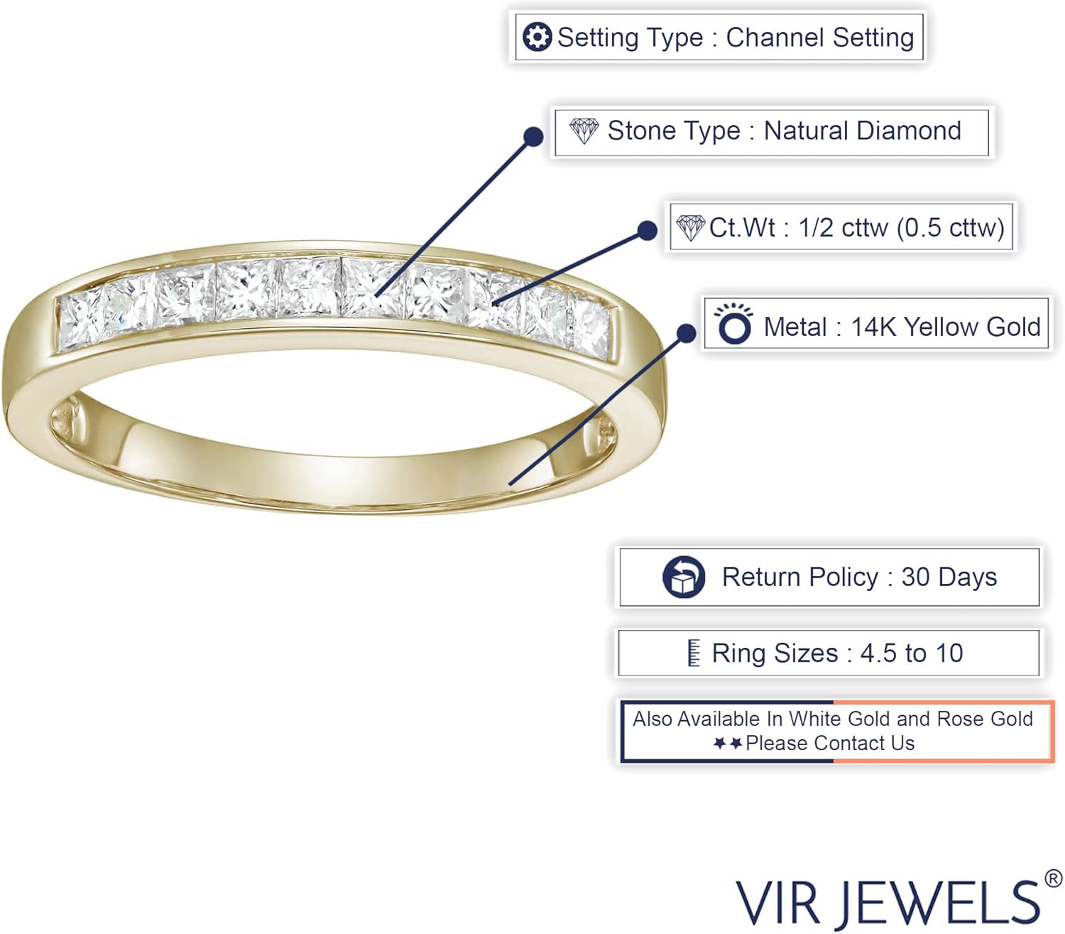 1/2 carat (ctw) Diamond Wedding Anniversary Band for Women, Half Eternity Princess Cut Square Diamond Engagement Ring in 14K Yellow Gold Channel Set 0.50 cttw, Size 4.5-10.25 · v4