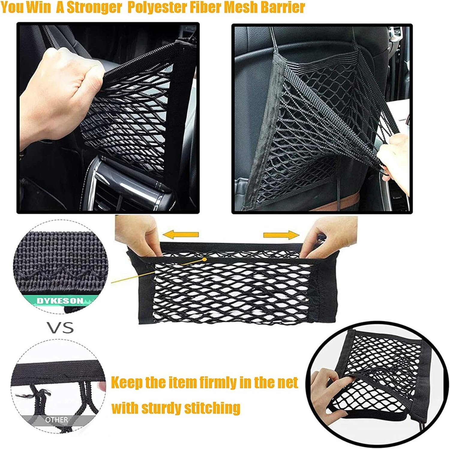DYKESON Dog Car Net Barrier Pet Barrier with Auto Safety Mesh Organizer Baby Stretchable Storage Bag Universal for Cars, SUVs -Easy Install, Car Divider for Driving Safely with Children  Pets · v6