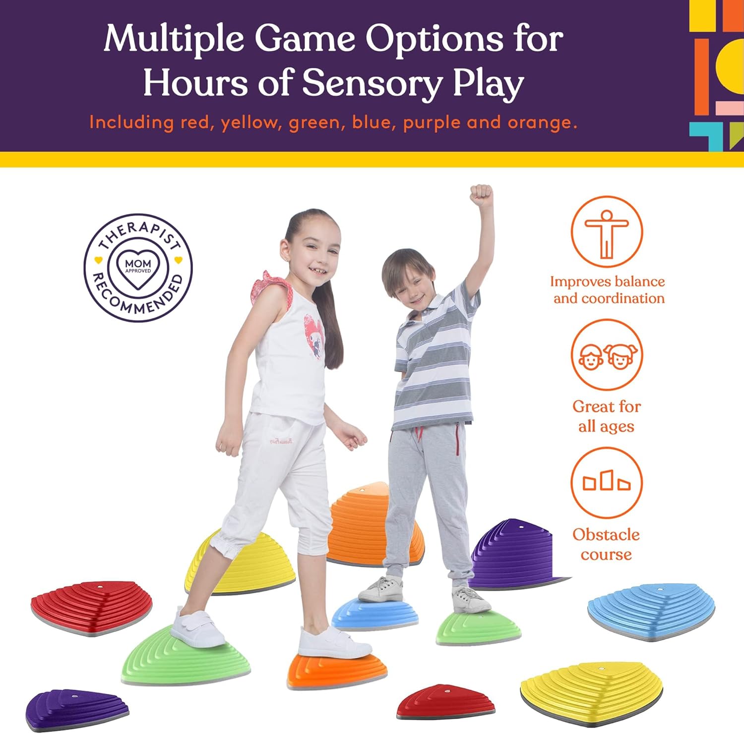 Special Supplies Stepping Stones for Kids Indoor and Outdoor Balance Blocks Promote Coordination, Balance, Strength Child Safe Rubber, Non-Slip Edging (Multi-Color, 12) · v3