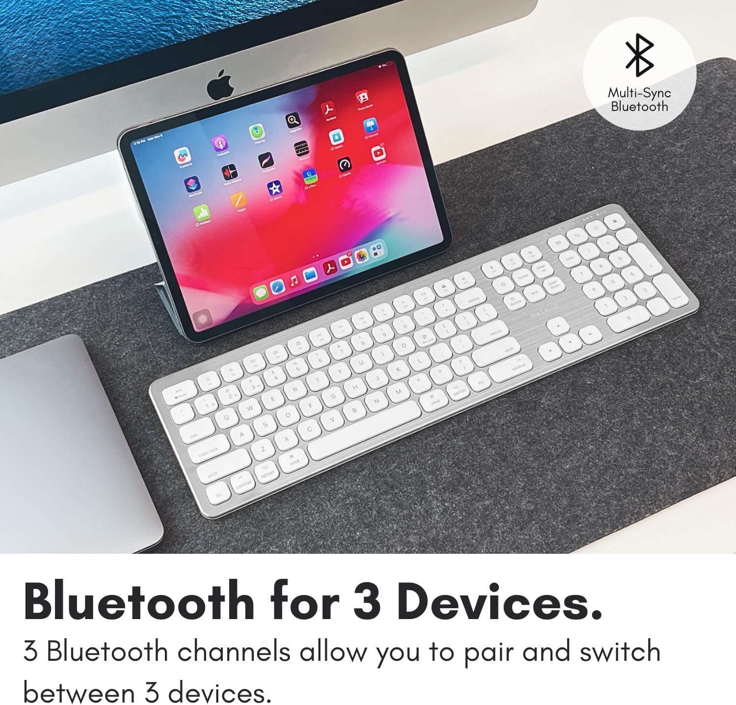 Macally Premium-Bluetooth-Tastatur für Mac — Kompatible Apple-Tastatur mit Ziffernblock — Kabellose Tastatur für mehrere Geräte für MacBook Pro/Air, Mac Mini Pro, iMac, Laptop