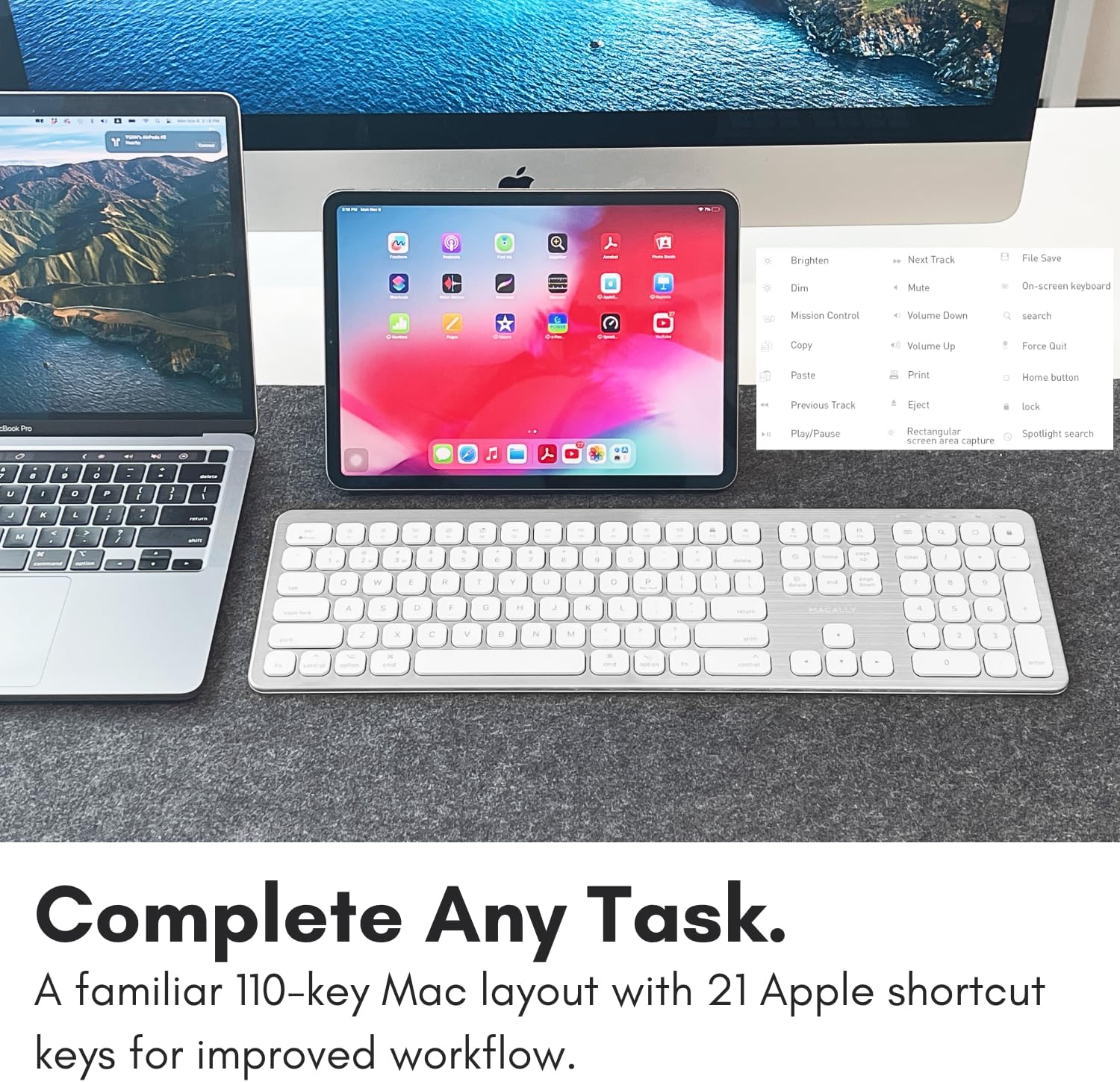 Macally Premium-Bluetooth-Tastatur für Mac — Kompatible Apple-Tastatur mit Ziffernblock — Kabellose Tastatur für mehrere Geräte für MacBook Pro/Air, Mac Mini Pro, iMac, Laptop