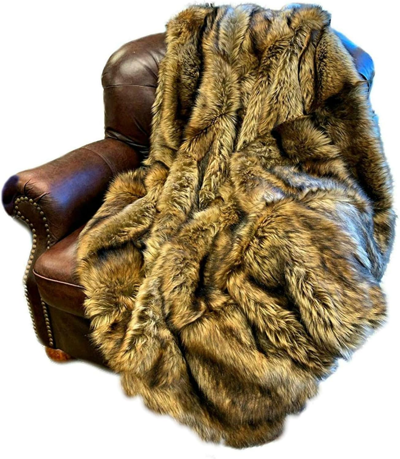 ผ้าห่มขนเทียมลาย Exotic Pieced Fur - Golden Wolf - ผ้าคลุมเตียง - หรูหราสุดๆ - บุขนเทียมแบบ Cuddle Fur ทำด้วยมือ - สหรัฐอเมริกา (3x5 ฟุต)
