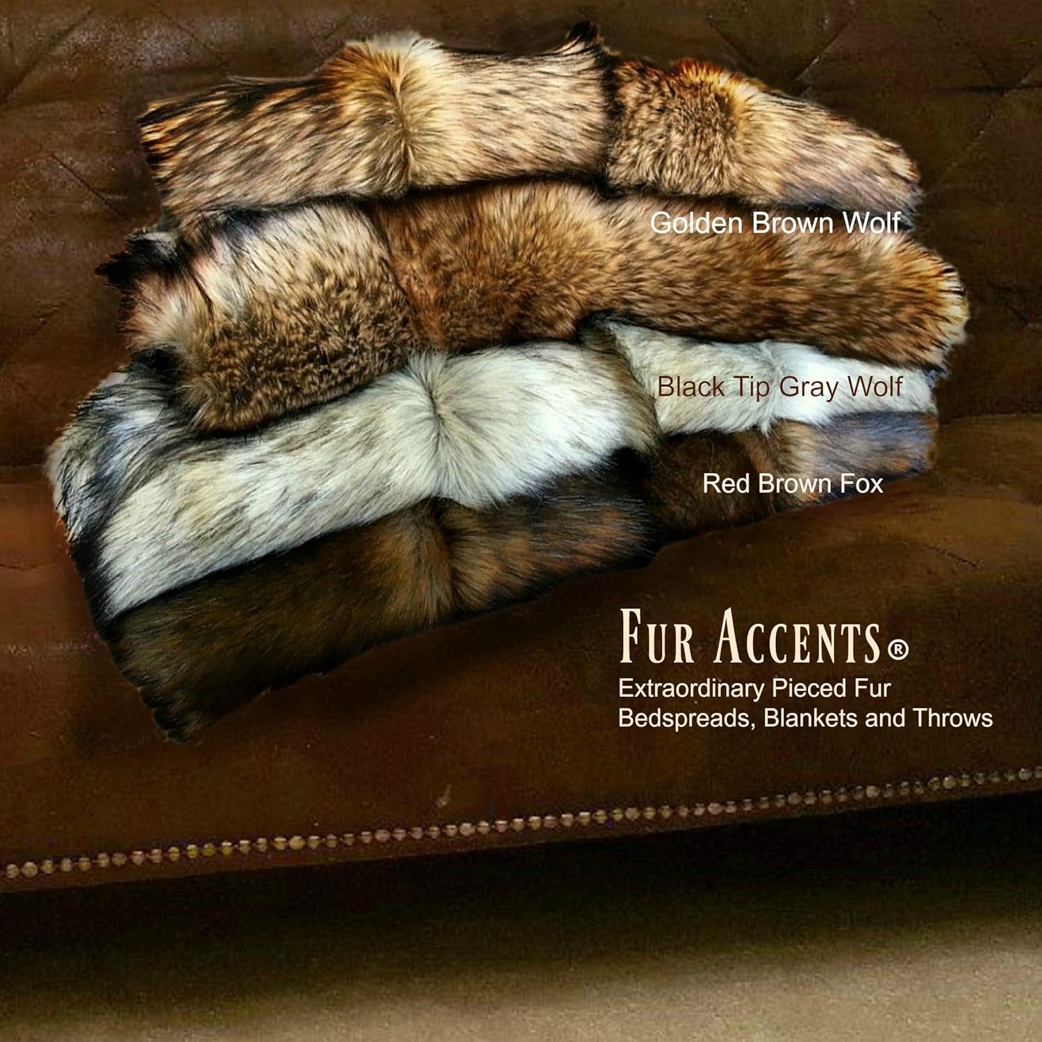 ผ้าห่มขนเทียมลาย Exotic Pieced Fur - Golden Wolf - ผ้าคลุมเตียง - หรูหราสุดๆ - บุขนเทียมแบบ Cuddle Fur ทำด้วยมือ - สหรัฐอเมริกา (3x5 ฟุต)