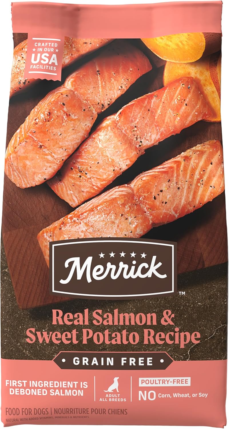 Merrick 프리미엄 그레인 프리 건조 성견용 사료, 진짜 연어와 고구마가 들어간 건강하고 자연스러운 키블 - 4.0파운드 가방