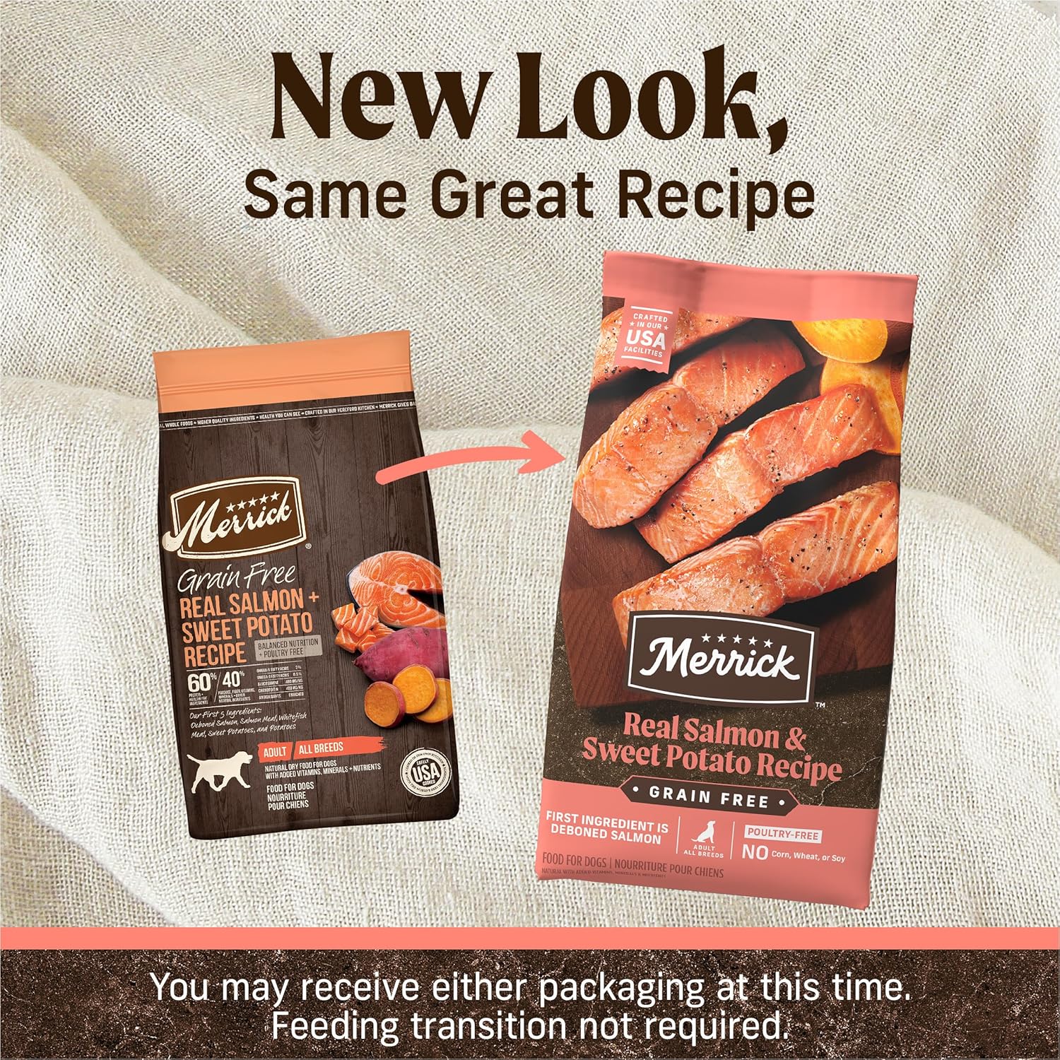 طعام Merrick Premium Grain Free Dry للكلاب البالغة، طعام صحي وطبيعي مع سمك السلمون الحقيقي والبطاطا الحلوة - كيس 4.0 رطل