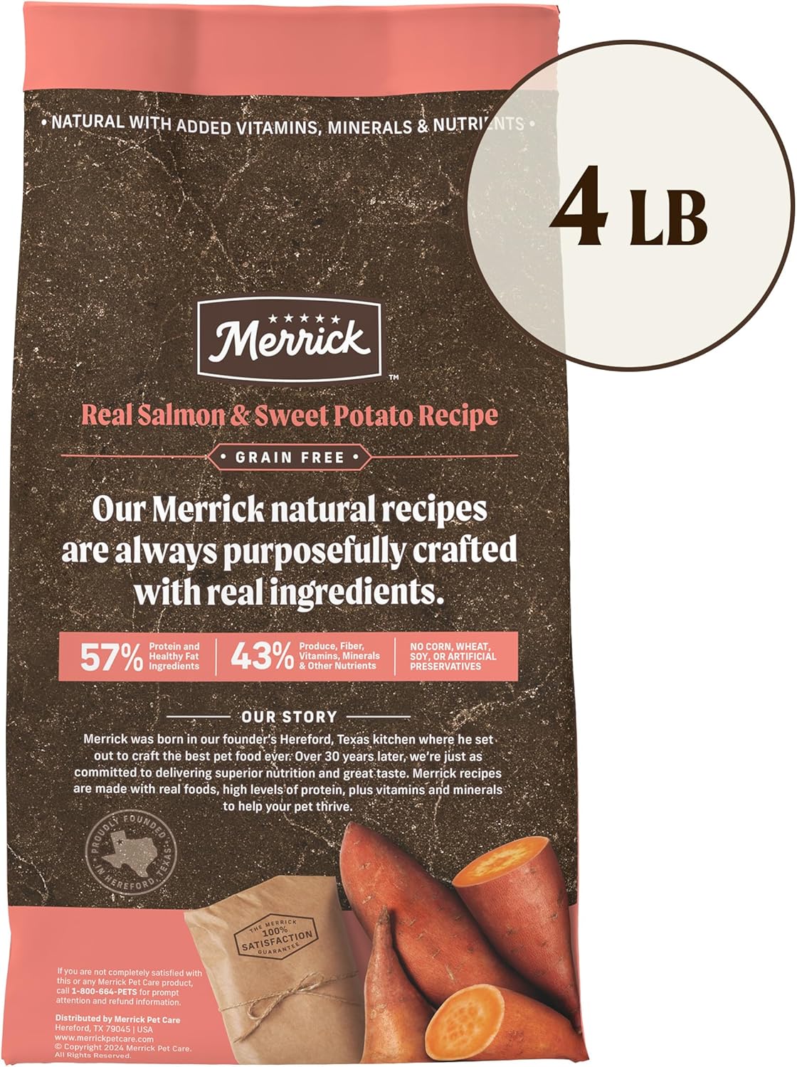 طعام Merrick Premium Grain Free Dry للكلاب البالغة، طعام صحي وطبيعي مع سمك السلمون الحقيقي والبطاطا الحلوة - كيس 4.0 رطل