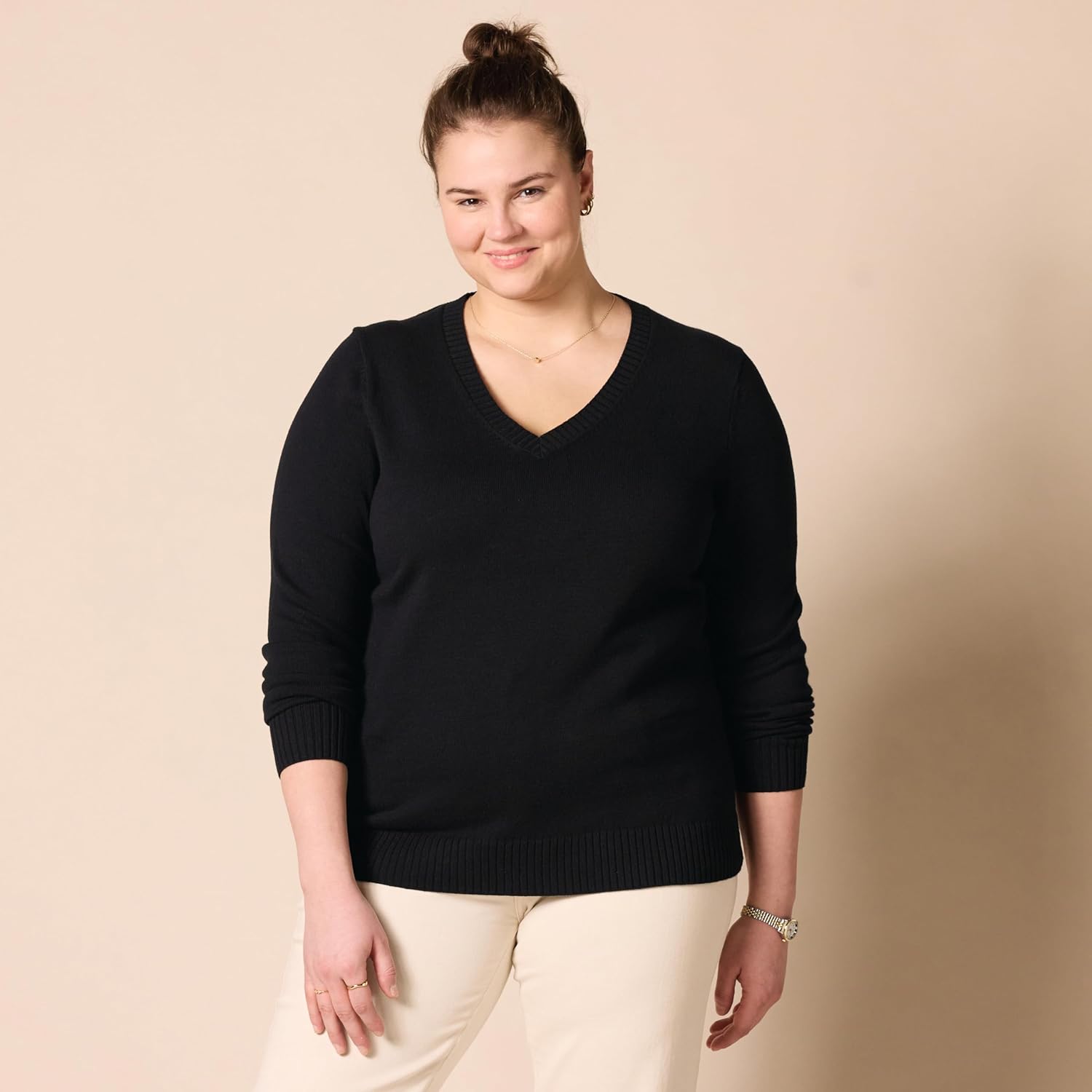 Amazon Essentials Maglione da donna a maniche lunghe con scollo a V in 100% cotone