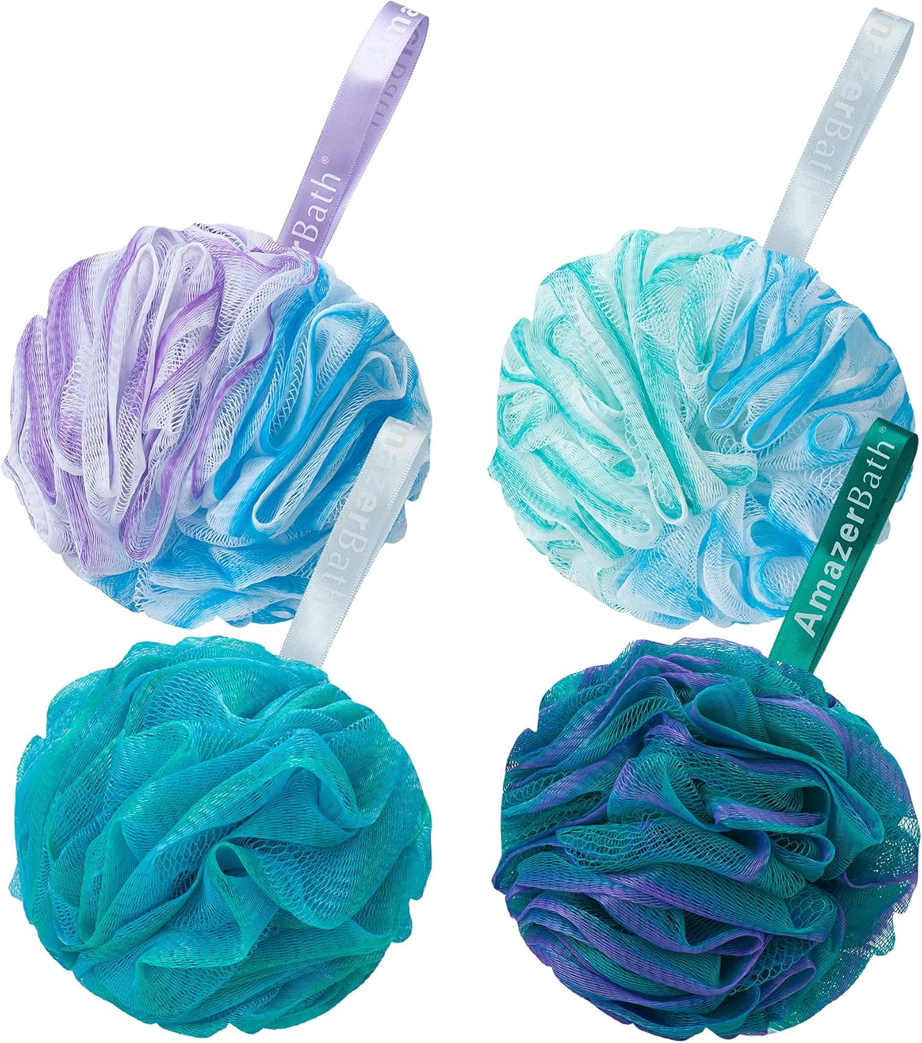 AmazerBath Loofah Sünger 75g/Adet, Peeling Banyo Süngeri Vücut Yıkayıcı - Loofa 4'lü Çiçek Rengi Set (Büyük, Yeşil-Mor)