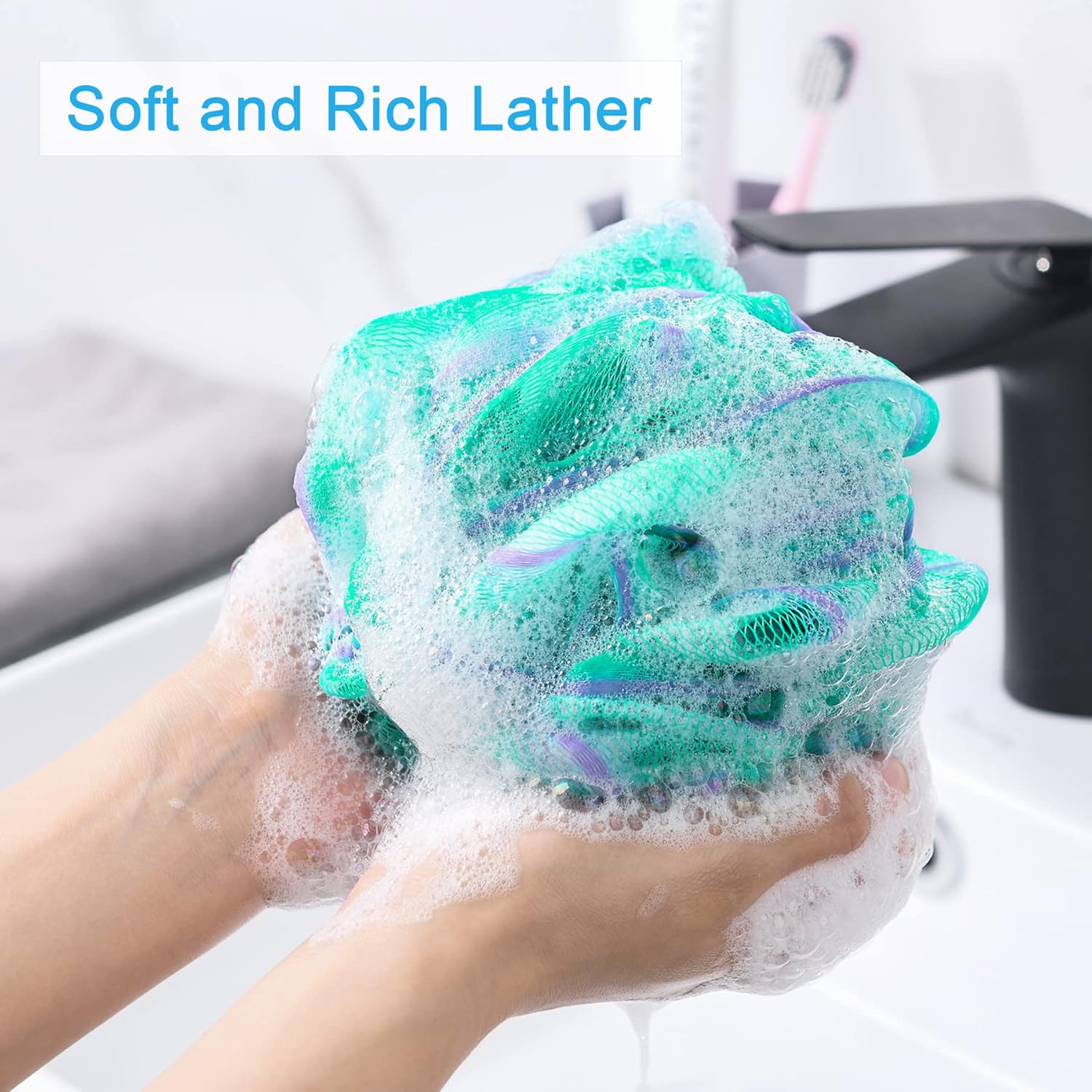 AmazerBath Loofah Sünger 75g/Adet, Peeling Banyo Süngeri Vücut Yıkayıcı - Loofa 4'lü Çiçek Rengi Set (Büyük, Yeşil-Mor)