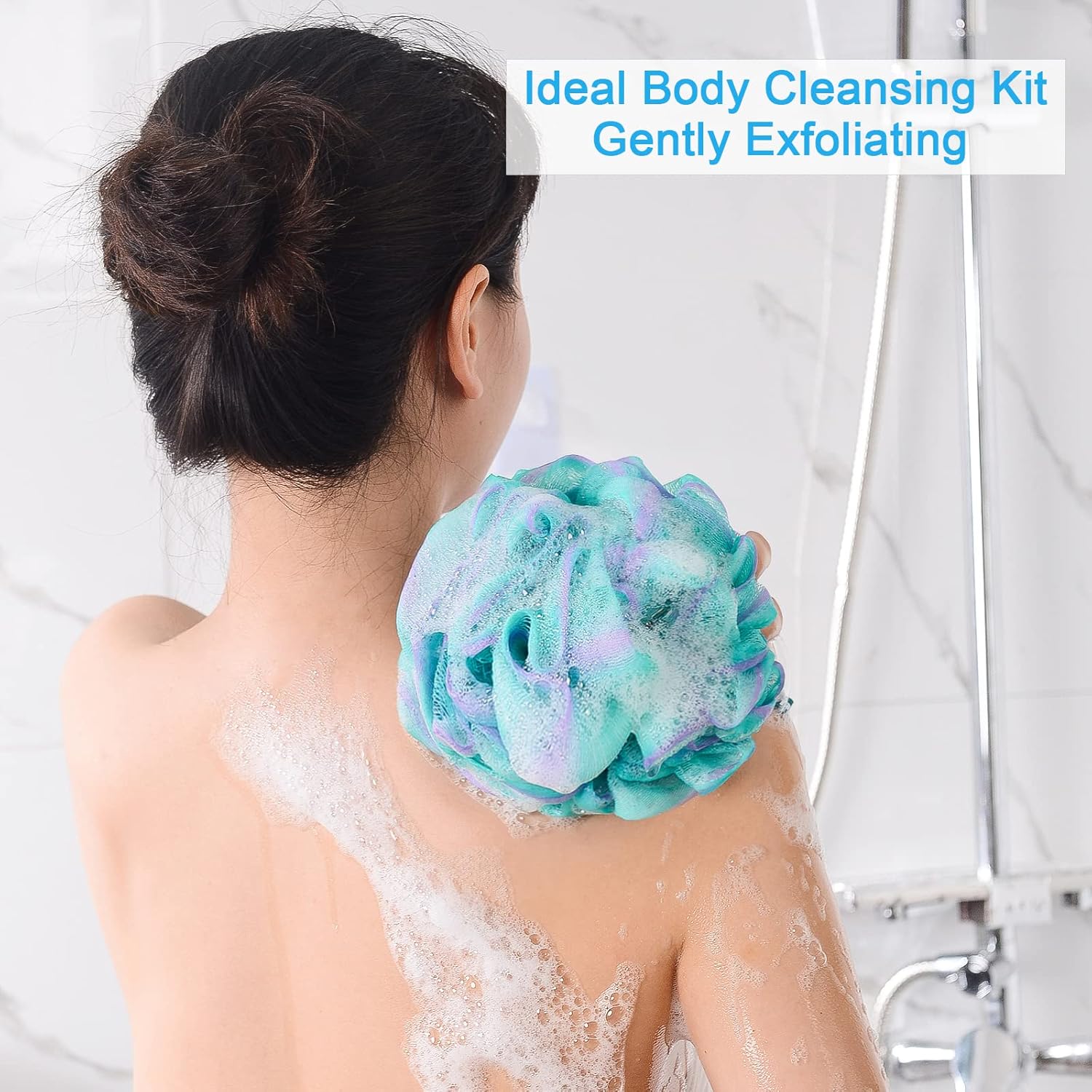 AmazerBath Loofah Sünger 75g/Adet, Peeling Banyo Süngeri Vücut Yıkayıcı - Loofa 4'lü Çiçek Rengi Set (Büyük, Yeşil-Mor)