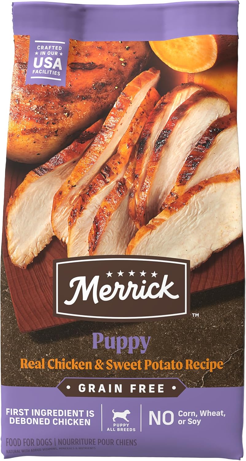 Nourriture sèche Merrick Premium sans céréales pour chiots, croquettes saines et naturelles à base de vrai poulet et de patates douces, sac de 22 livres